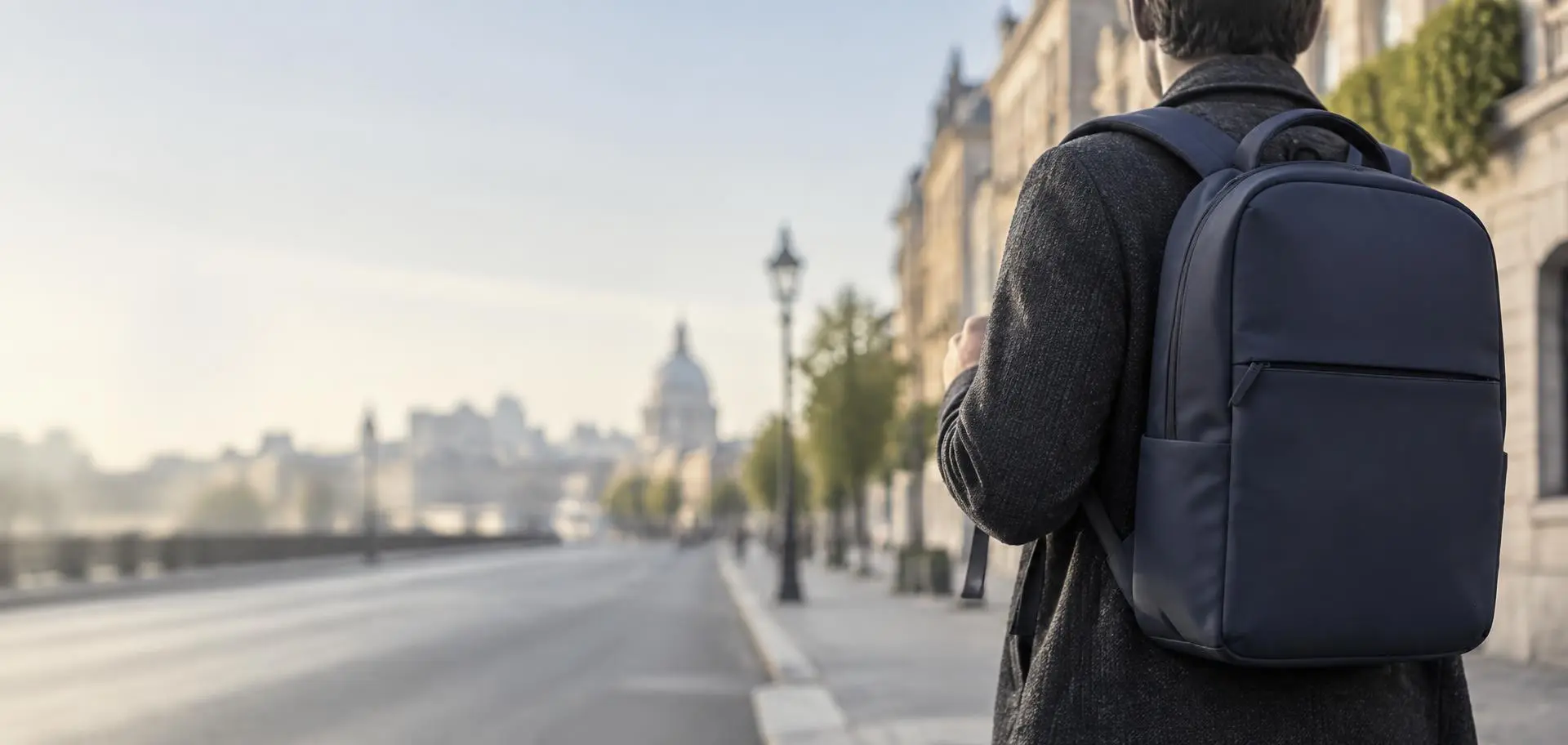 Person on a city street seen from behind, wearing a navy backpack