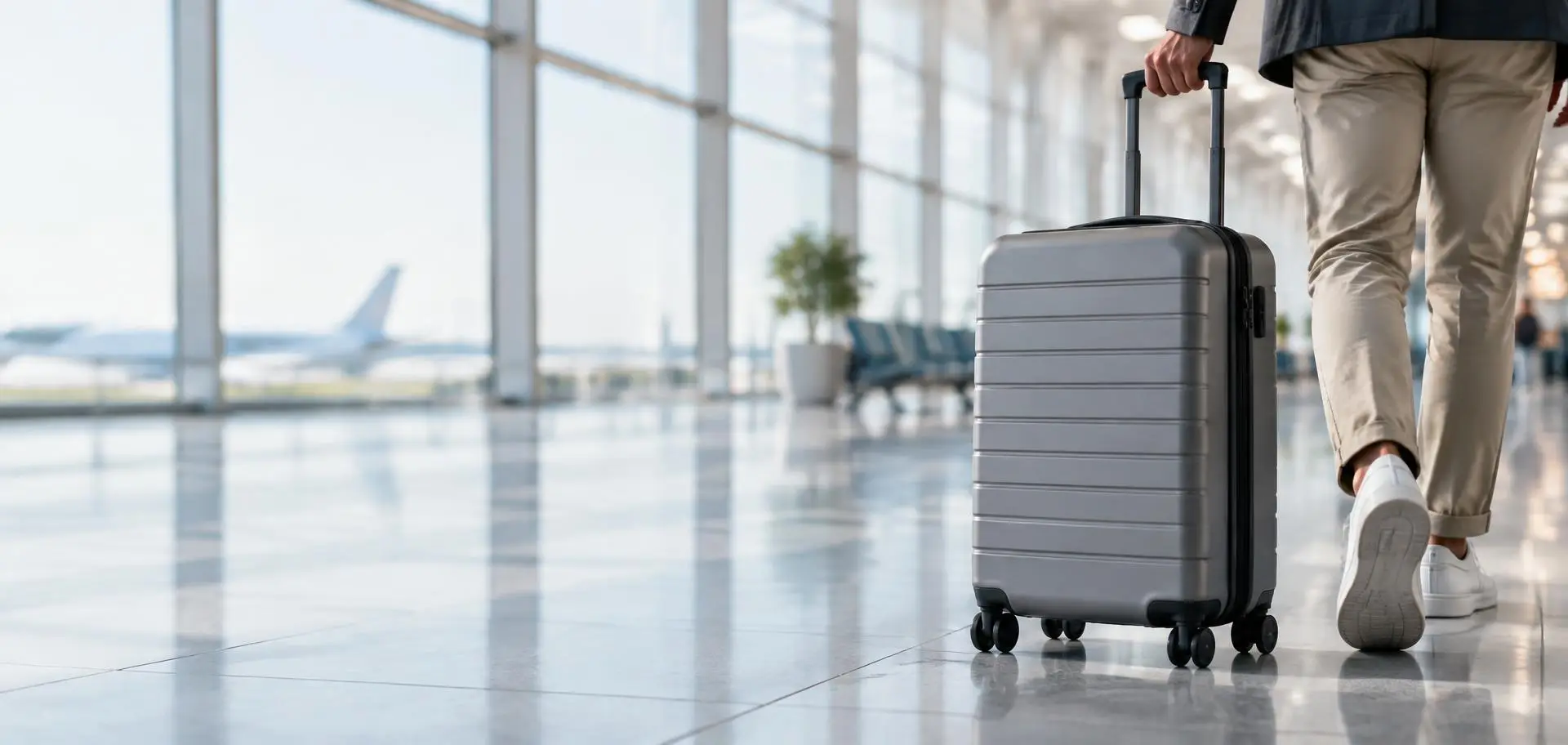 Traveller pulling a grey cabin suitcase through a bright airport terminal